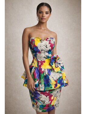 Vintage Raul Blanco Silk Dress Strapless Peplum Floral 80s Size 6